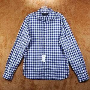BLOOMINGDALES Mens Shirt Medium Blue Check Button Up Slim Fit Stretch